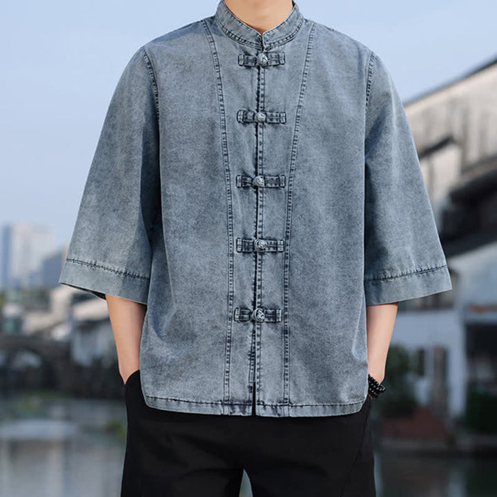 Buddha Stones Chaqueta de hombre de algodón liso con botones de rana, estilo vintage de primavera y manga hasta el codo. - Azul acero - US/UK/AU46, EU56 (5XL) - image 13