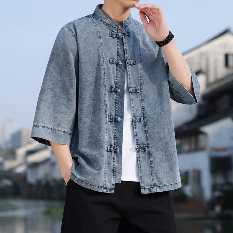 Buddha Stones Chaqueta de hombre de algodón liso con botones de rana, estilo vintage de primavera y manga hasta el codo. - image 16