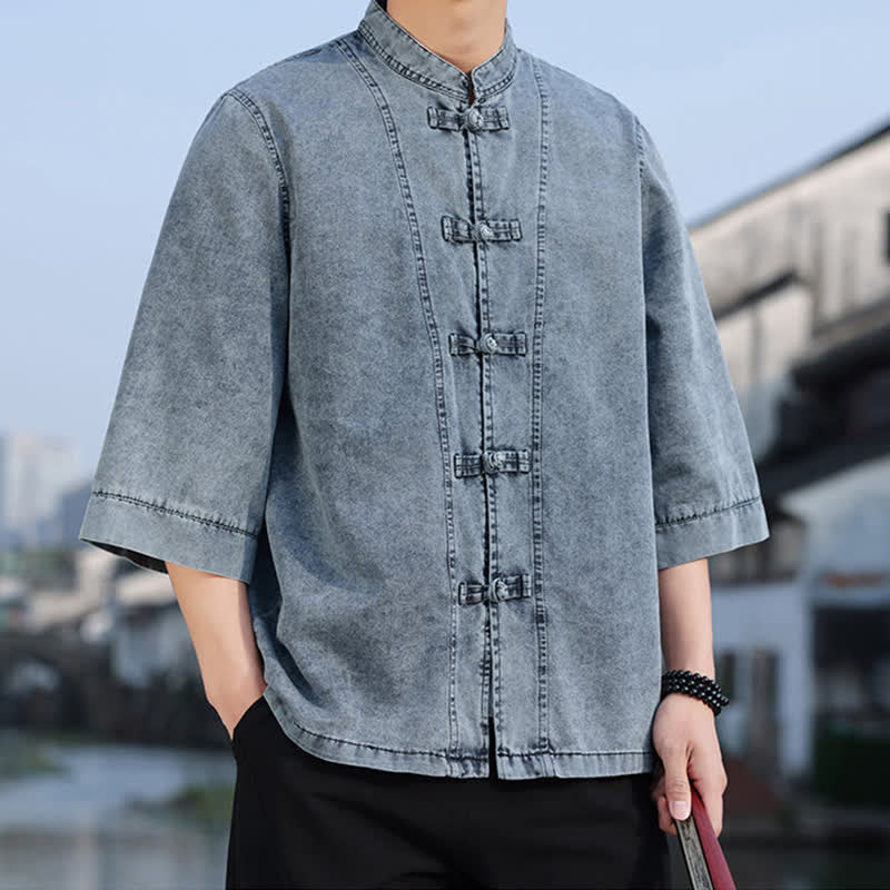 Buddha Stones Chaqueta de hombre de algodón liso con botones de rana, estilo vintage de primavera y manga hasta el codo. - image 14