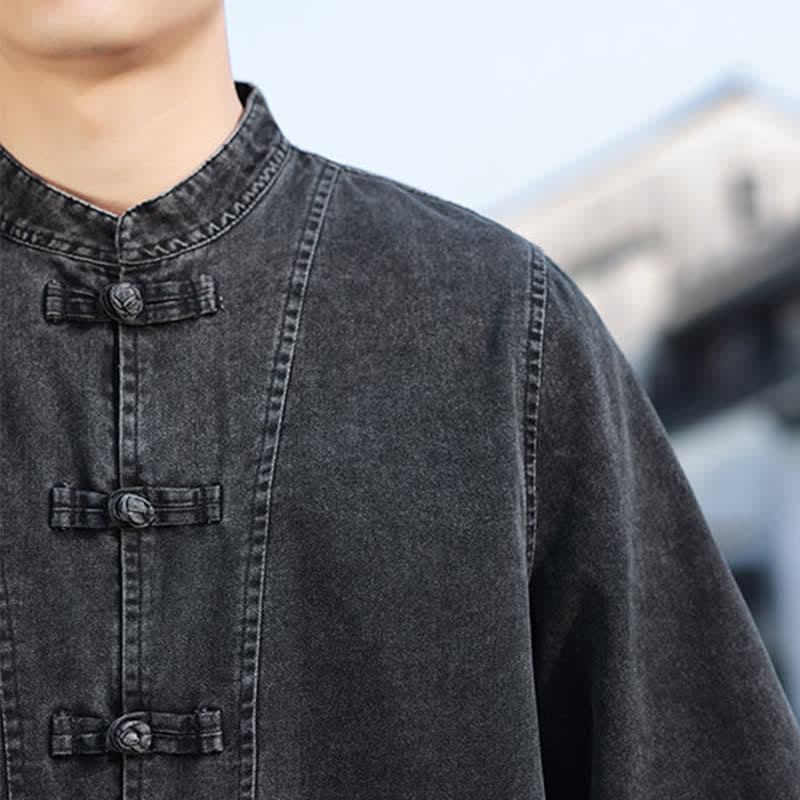 Buddha Stones Chaqueta de hombre de algodón liso con botones de rana, estilo vintage de primavera y manga hasta el codo. - image 10