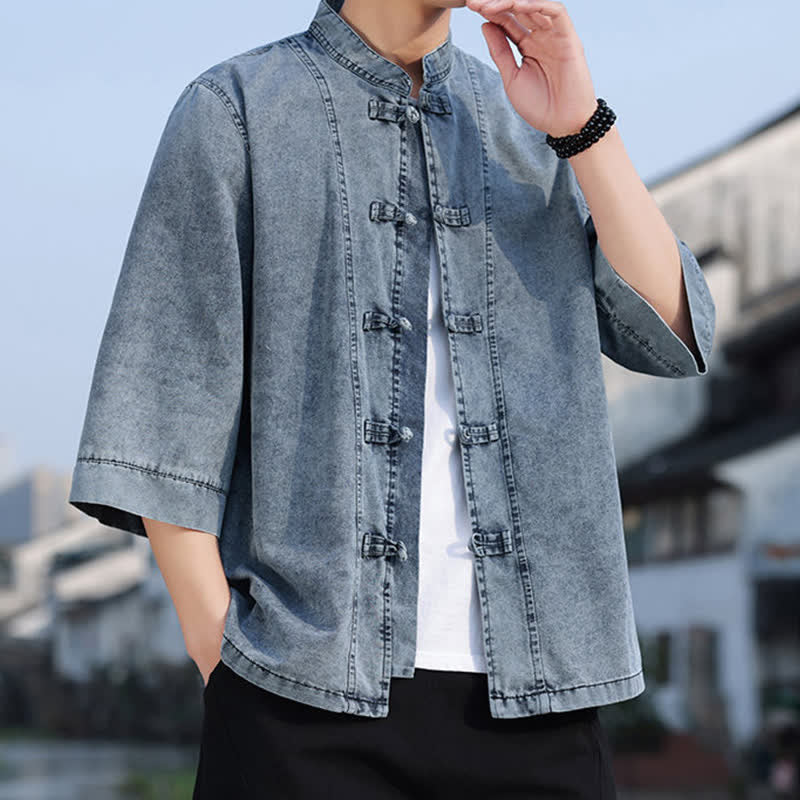 Buddha Stones Chaqueta de hombre de algodón liso con botones de rana, estilo vintage de primavera y manga hasta el codo. - image 19