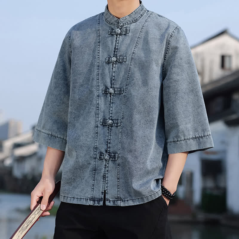 Buddha Stones Chaqueta de hombre de algodón liso con botones de rana, estilo vintage de primavera y manga hasta el codo. - image 18