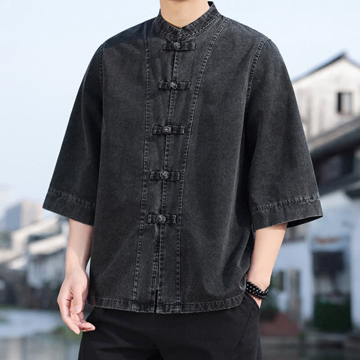 Buddha Stones Chaqueta de hombre de algodón liso con botones de rana, estilo vintage de primavera y manga hasta el codo. - image 1