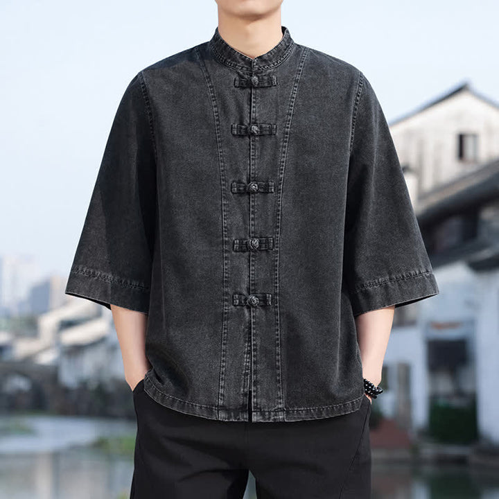 Buddha Stones Chaqueta de hombre de algodón liso con botones de rana, estilo vintage de primavera y manga hasta el codo. - image 3