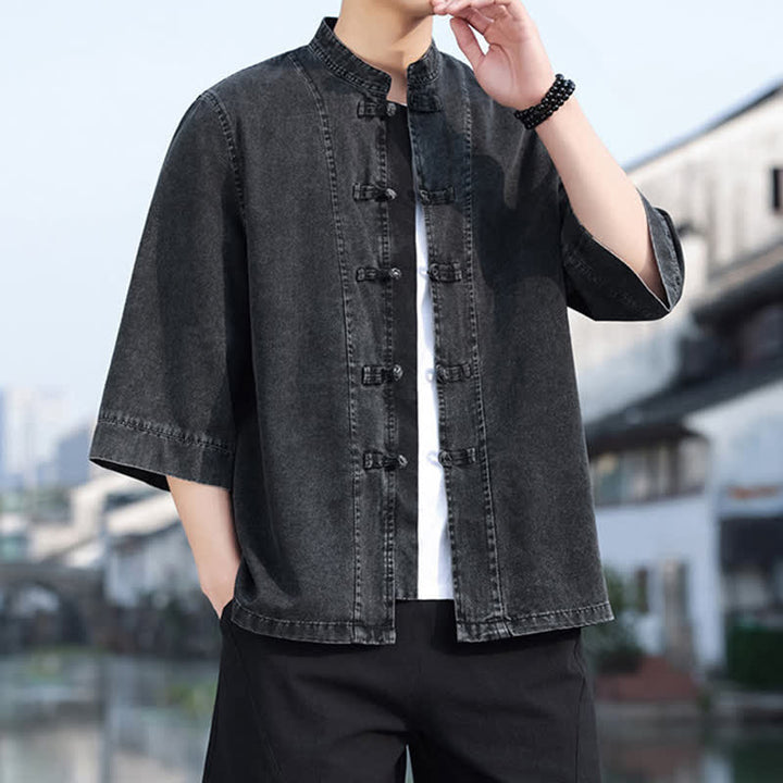 Buddha Stones Chaqueta de hombre de algodón liso con botones de rana, estilo vintage de primavera y manga hasta el codo. - Negro - US/UK/AU46, EU56 (5XL) - image 0