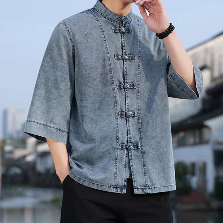 Buddha Stones Chaqueta de hombre de algodón liso con botones de rana, estilo vintage de primavera y manga hasta el codo. - image 20