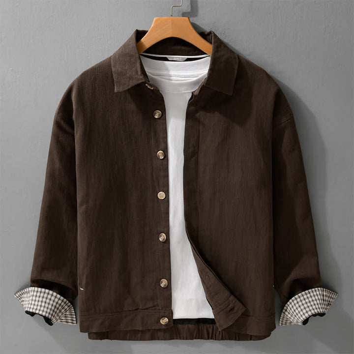 Buddha Stones Chaqueta de lino lisa para hombre, estilo vintage, con botones y bolsillos, ideal para otoño. - Marrón silla de montar - US/UK/AU42, EU52 (3XL) - image 0