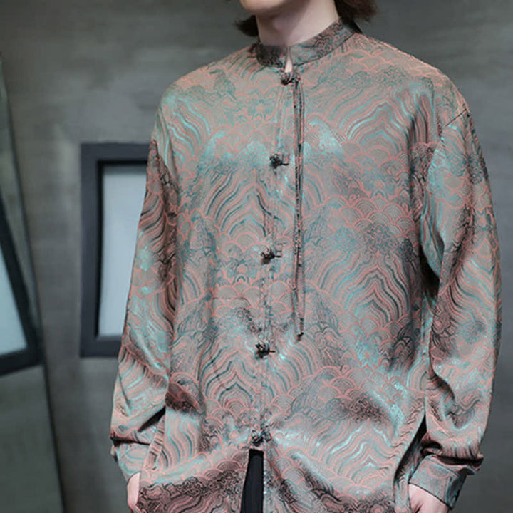 Buddha Stones Camisas de manga larga para hombre estilo Tang vintage de otoño con cuello mandarín y estampado abstracto de ondas. - image 11