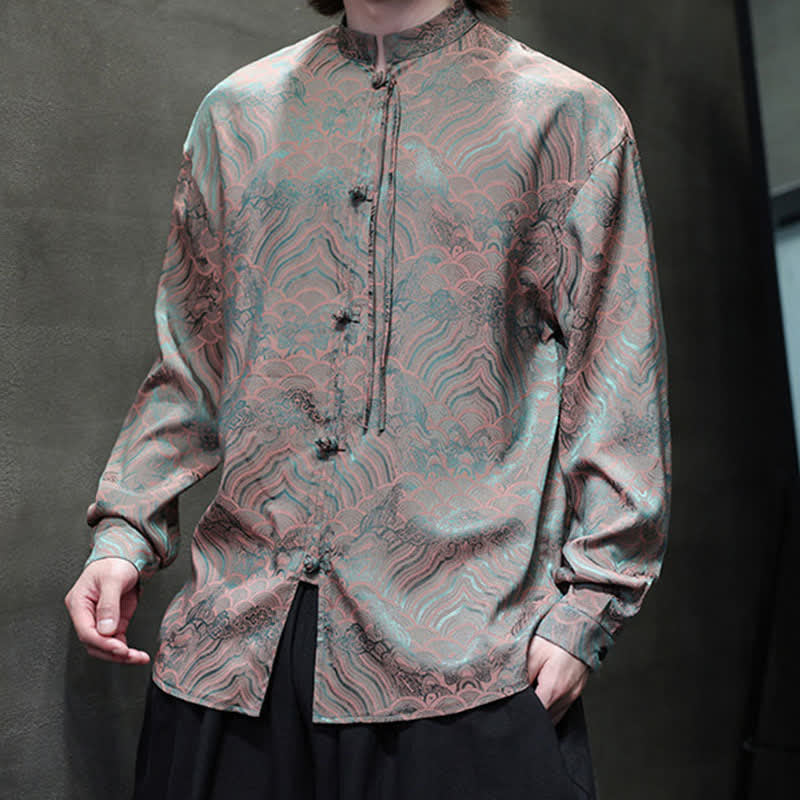 Buddha Stones Camisas de manga larga para hombre estilo Tang vintage de otoño con cuello mandarín y estampado abstracto de ondas. - image 9