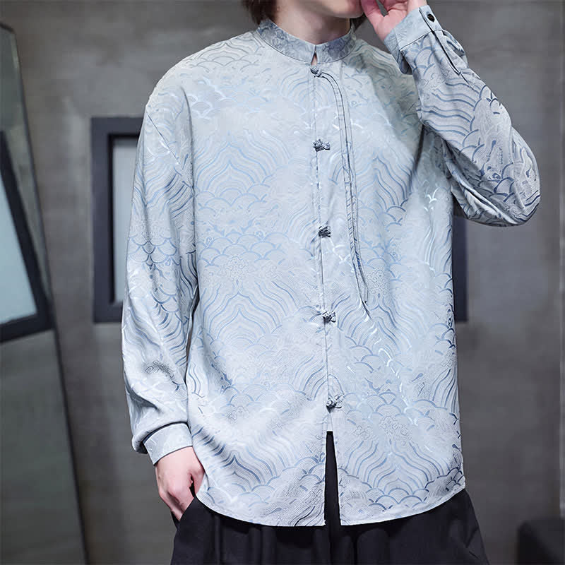 Buddha Stones Camisas de manga larga para hombre estilo Tang vintage de otoño con cuello mandarín y estampado abstracto de ondas. - image 33