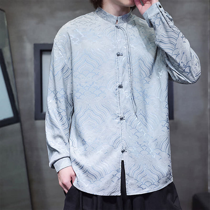 Buddha Stones Camisas de manga larga para hombre estilo Tang vintage de otoño con cuello mandarín y estampado abstracto de ondas. - image 33