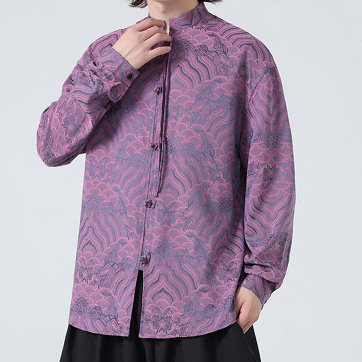 Buddha Stones Camisas de manga larga para hombre estilo Tang vintage de otoño con cuello mandarín y estampado abstracto de ondas. - image 20