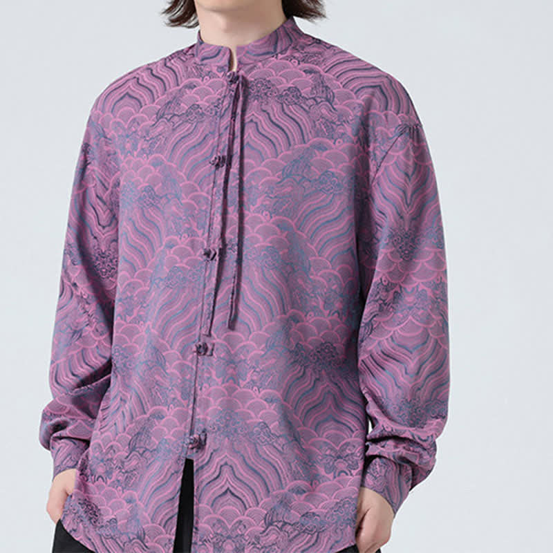 Buddha Stones Camisas de manga larga para hombre estilo Tang vintage de otoño con cuello mandarín y estampado abstracto de ondas. - image 21