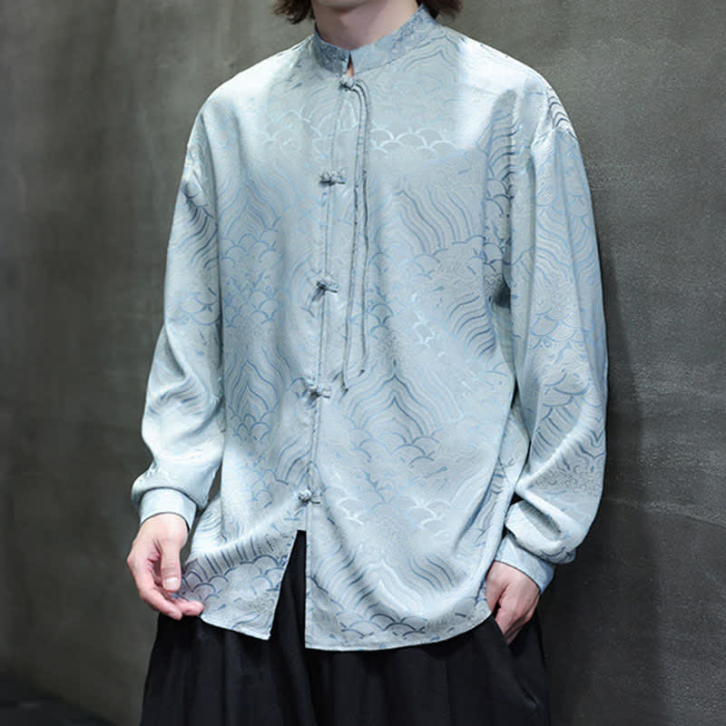 Buddha Stones Camisas de manga larga para hombre estilo Tang vintage de otoño con cuello mandarín y estampado abstracto de ondas. - image 28