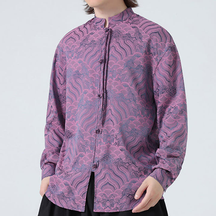 Buddha Stones Camisas de manga larga para hombre estilo Tang vintage de otoño con cuello mandarín y estampado abstracto de ondas. - image 23