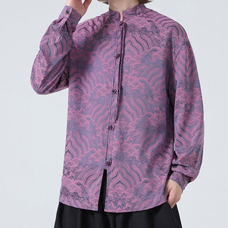 Buddha Stones Camisas de manga larga para hombre estilo Tang vintage de otoño con cuello mandarín y estampado abstracto de ondas. - image 24
