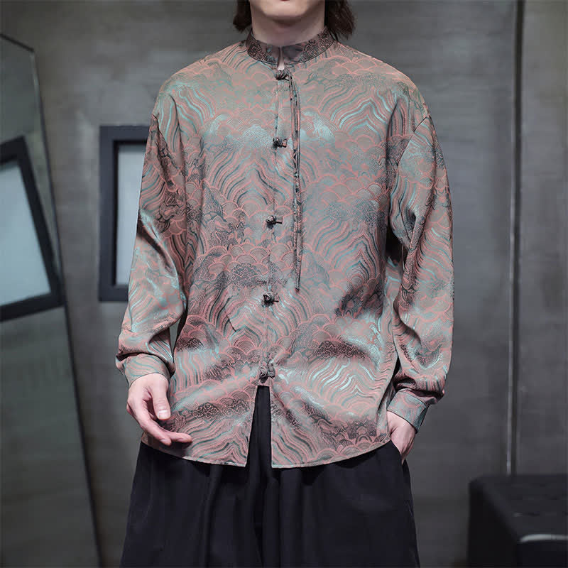 Buddha Stones Camisas de manga larga para hombre estilo Tang vintage de otoño con cuello mandarín y estampado abstracto de ondas. - image 6