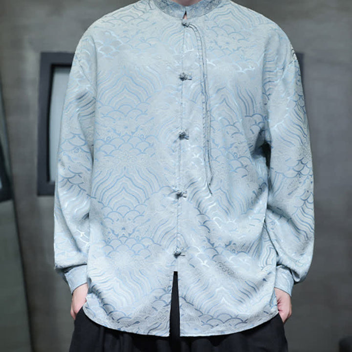 Buddha Stones Camisas de manga larga para hombre estilo Tang vintage de otoño con cuello mandarín y estampado abstracto de ondas. - image 34