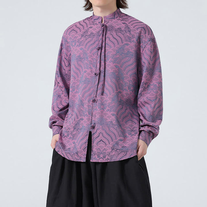 Buddha Stones Camisas de manga larga para hombre estilo Tang vintage de otoño con cuello mandarín y estampado abstracto de ondas. - Cardo - US/UK/AU46, EU56 (5XL) - image 16