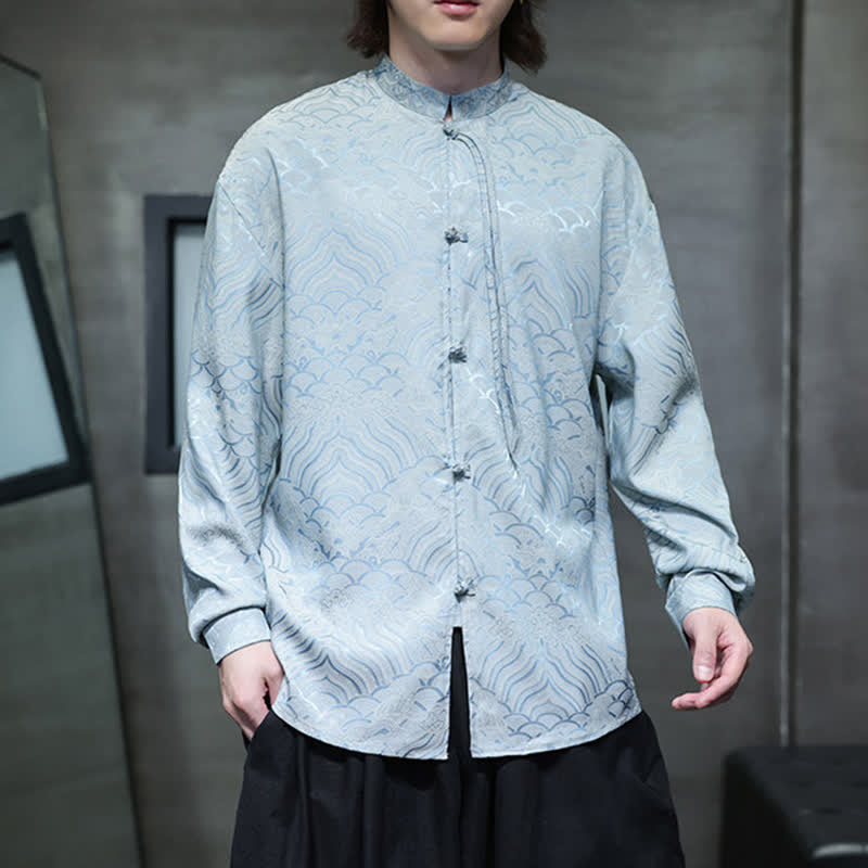 Buddha Stones Camisas de manga larga para hombre estilo Tang vintage de otoño con cuello mandarín y estampado abstracto de ondas. - image 27