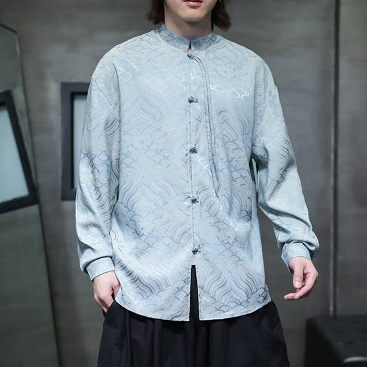 Buddha Stones Camisas de manga larga para hombre estilo Tang vintage de otoño con cuello mandarín y estampado abstracto de ondas. - image 27