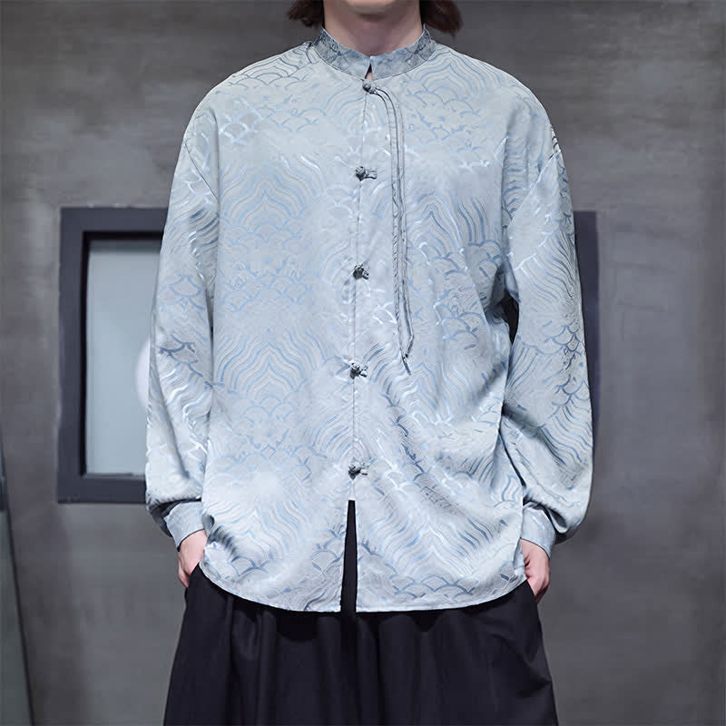 Buddha Stones Camisas de manga larga para hombre estilo Tang vintage de otoño con cuello mandarín y estampado abstracto de ondas. - image 31