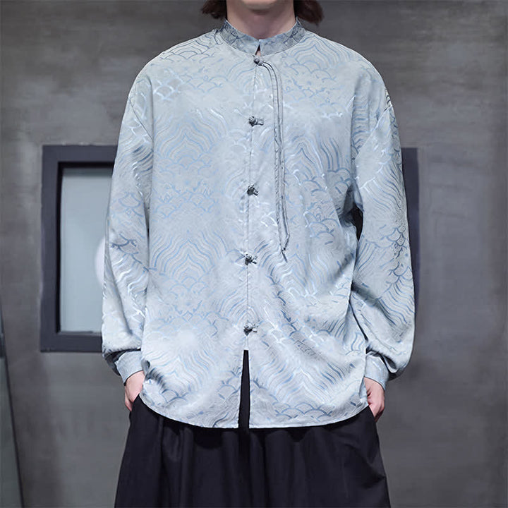 Buddha Stones Camisas de manga larga para hombre estilo Tang vintage de otoño con cuello mandarín y estampado abstracto de ondas. - image 31