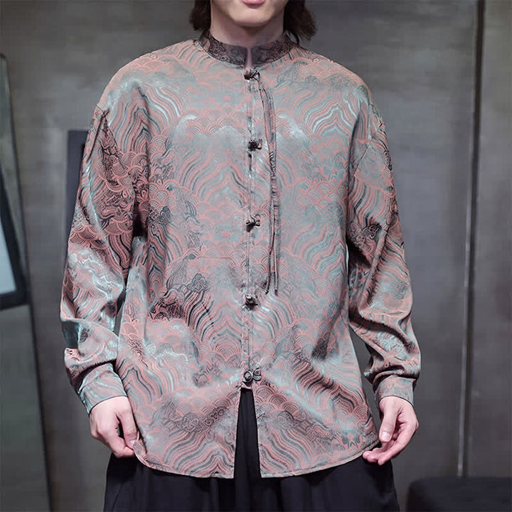 Buddha Stones Camisas de manga larga para hombre estilo Tang vintage de otoño con cuello mandarín y estampado abstracto de ondas. - image 1