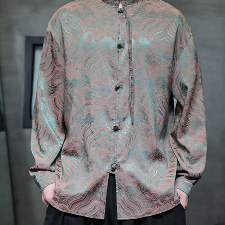 Buddha Stones Camisas de manga larga para hombre estilo Tang vintage de otoño con cuello mandarín y estampado abstracto de ondas. - image 10