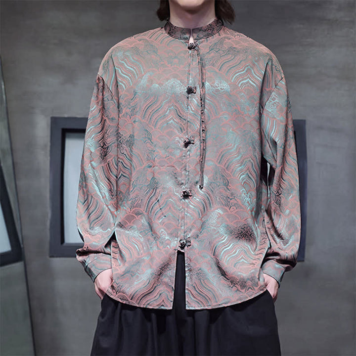 Buddha Stones Camisas de manga larga para hombre estilo Tang vintage de otoño con cuello mandarín y estampado abstracto de ondas. - Verde oliva oscuro - US/UK/AU46, EU56 (5XL) - image 0