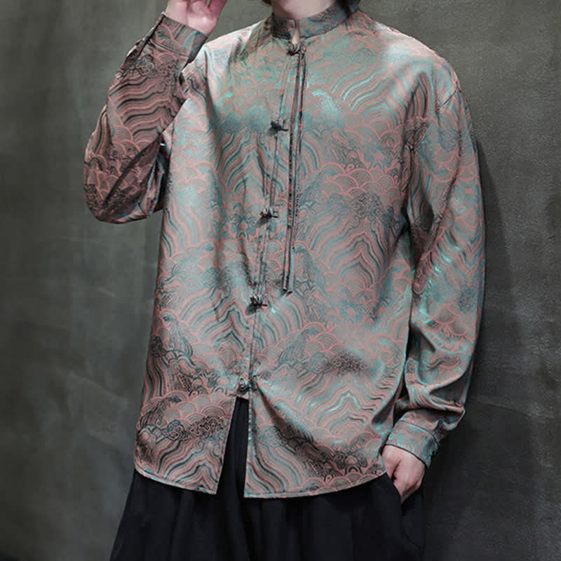Buddha Stones Camisas de manga larga para hombre estilo Tang vintage de otoño con cuello mandarín y estampado abstracto de ondas. - image 2