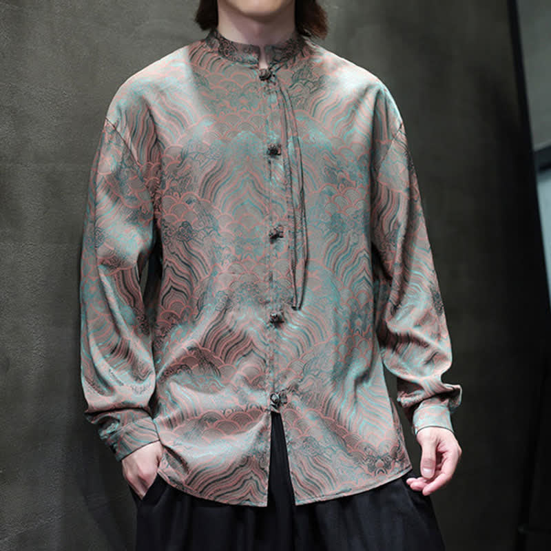 Buddha Stones Camisas de manga larga para hombre estilo Tang vintage de otoño con cuello mandarín y estampado abstracto de ondas. - image 8