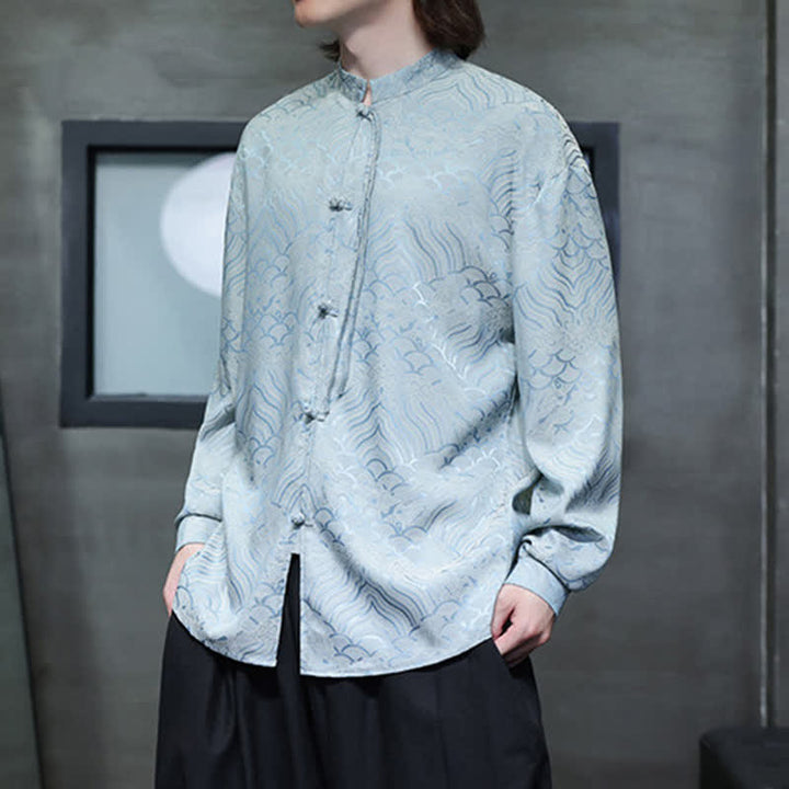 Buddha Stones Camisas de manga larga para hombre estilo Tang vintage de otoño con cuello mandarín y estampado abstracto de ondas. - image 30