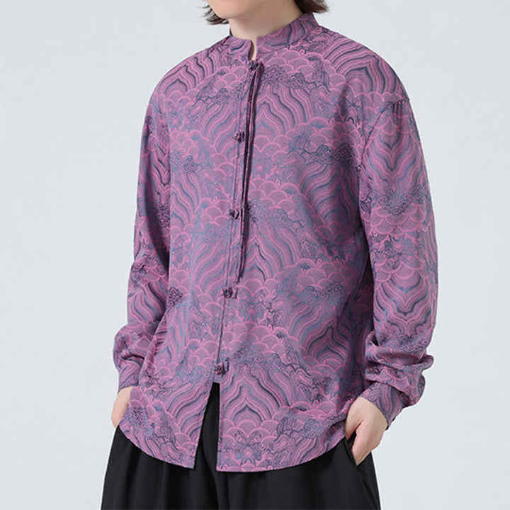 Buddha Stones Camisas de manga larga para hombre estilo Tang vintage de otoño con cuello mandarín y estampado abstracto de ondas. - image 17