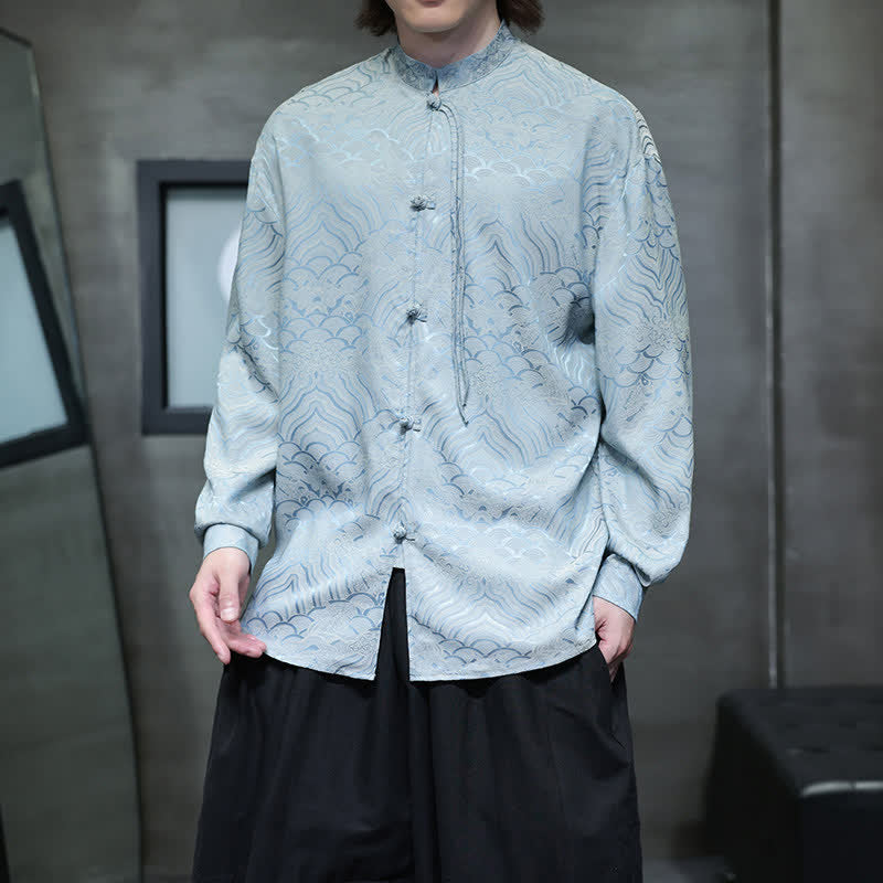 Buddha Stones Camisas de manga larga para hombre estilo Tang vintage de otoño con cuello mandarín y estampado abstracto de ondas. - Azul claro - US/UK/AU46, EU56 (5XL) - image 26