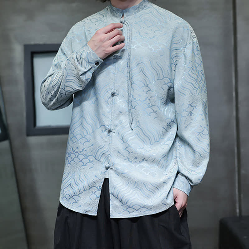 Buddha Stones Camisas de manga larga para hombre estilo Tang vintage de otoño con cuello mandarín y estampado abstracto de ondas. - image 32