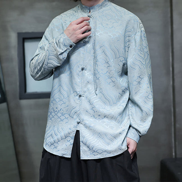 Buddha Stones Camisas de manga larga para hombre estilo Tang vintage de otoño con cuello mandarín y estampado abstracto de ondas. - image 32