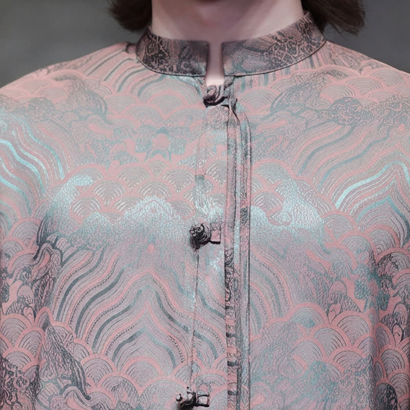 Buddha Stones Camisas de manga larga para hombre estilo Tang vintage de otoño con cuello mandarín y estampado abstracto de ondas. - image 12