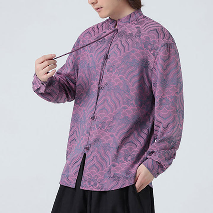 Buddha Stones Camisas de manga larga para hombre estilo Tang vintage de otoño con cuello mandarín y estampado abstracto de ondas. - image 18