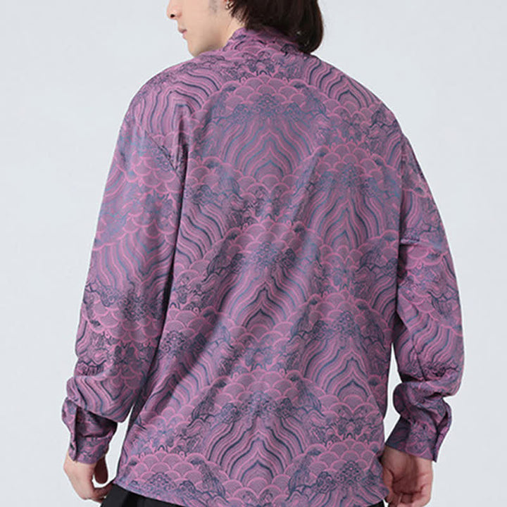 Buddha Stones Camisas de manga larga para hombre estilo Tang vintage de otoño con cuello mandarín y estampado abstracto de ondas. - image 19