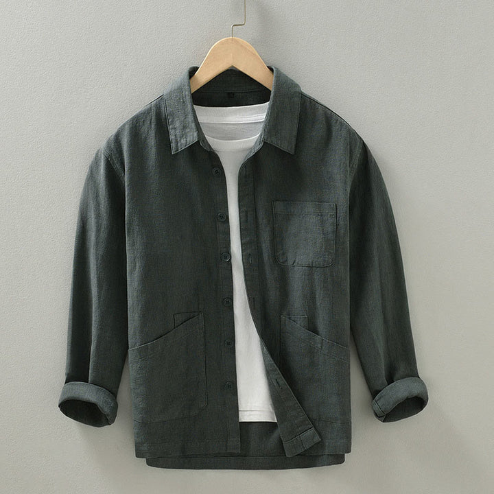 Buddha Stones Chaqueta informal minimalista de ramio liso para hombre, con botones y bolsillos, ideal para otoño. - Gris oscuro - US/UK/AU42, EU52 (3XL) - image 0