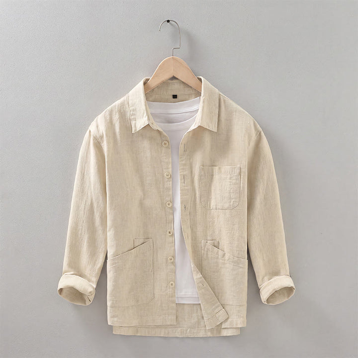 Buddha Stones Chaqueta informal minimalista de ramio liso para hombre, con botones y bolsillos, ideal para otoño. - Trigo - US/UK/AU42, EU52 (3XL) - image 13