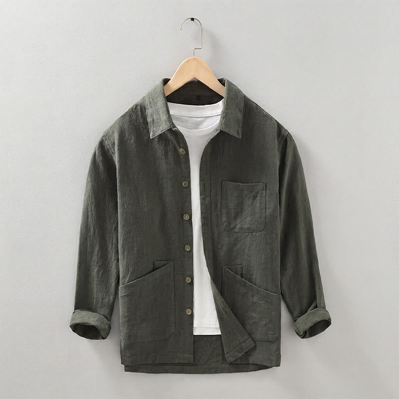 Buddha Stones Chaqueta informal minimalista de ramio liso para hombre, con botones y bolsillos, ideal para otoño. - Verde oliva oscuro - US/UK/AU42, EU52 (3XL) - image 20