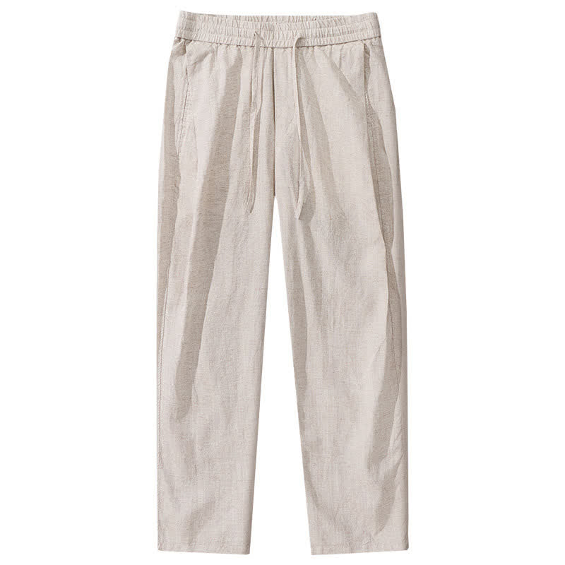 Buddha Stones Pantalones largos de lino lisos con cordón ajustable para hombre, estilo casual de primavera/verano, de pierna recta y con bolsillos. - image 2