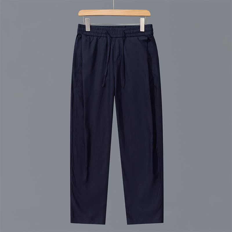 Buddha Stones Pantalones largos de lino lisos con cordón ajustable para hombre, estilo casual de primavera/verano, de pierna recta y con bolsillos. - Azul medianoche - US/UK/AU42, EU52 (3XL) - image 10