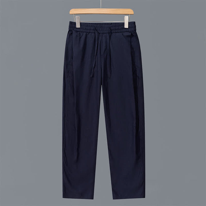 Buddha Stones Pantalones largos de lino lisos con cordón ajustable para hombre, estilo casual de primavera/verano, de pierna recta y con bolsillos. - Azul medianoche - US/UK/AU42, EU52 (3XL) - image 10
