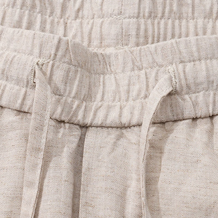 Buddha Stones Pantalones largos de lino lisos con cordón ajustable para hombre, estilo casual de primavera/verano, de pierna recta y con bolsillos. - image 4