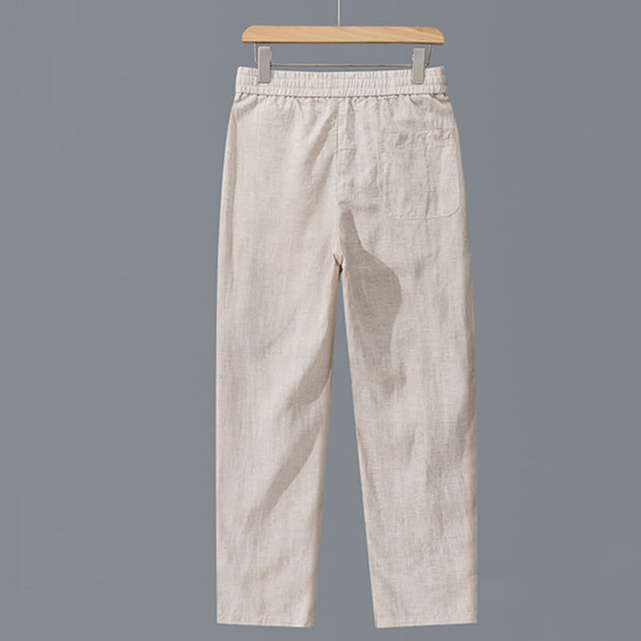 Buddha Stones Pantalones largos de lino lisos con cordón ajustable para hombre, estilo casual de primavera/verano, de pierna recta y con bolsillos. - image 1