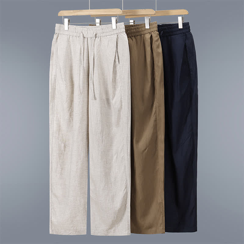 Buddha Stones Pantalones largos de lino lisos con cordón ajustable para hombre, estilo casual de primavera/verano, de pierna recta y con bolsillos. - image 12