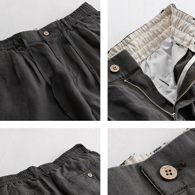 Buddha Stones Pantalones largos de lino liso para hombre, estilo casual de primavera-verano, con cordón ajustable y cremallera, pierna recta y bolsillos. - image 3